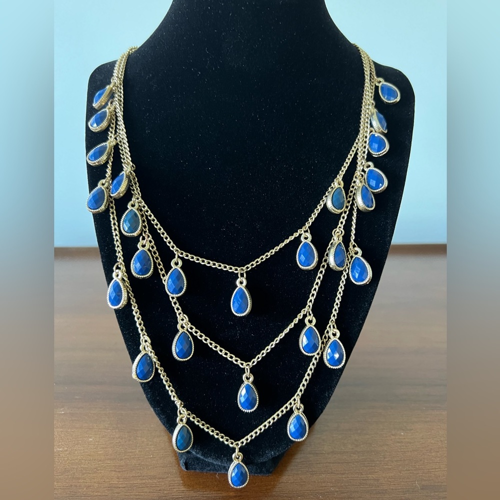 Vintage Triple Chain Goldtone Necklace with Blue accents